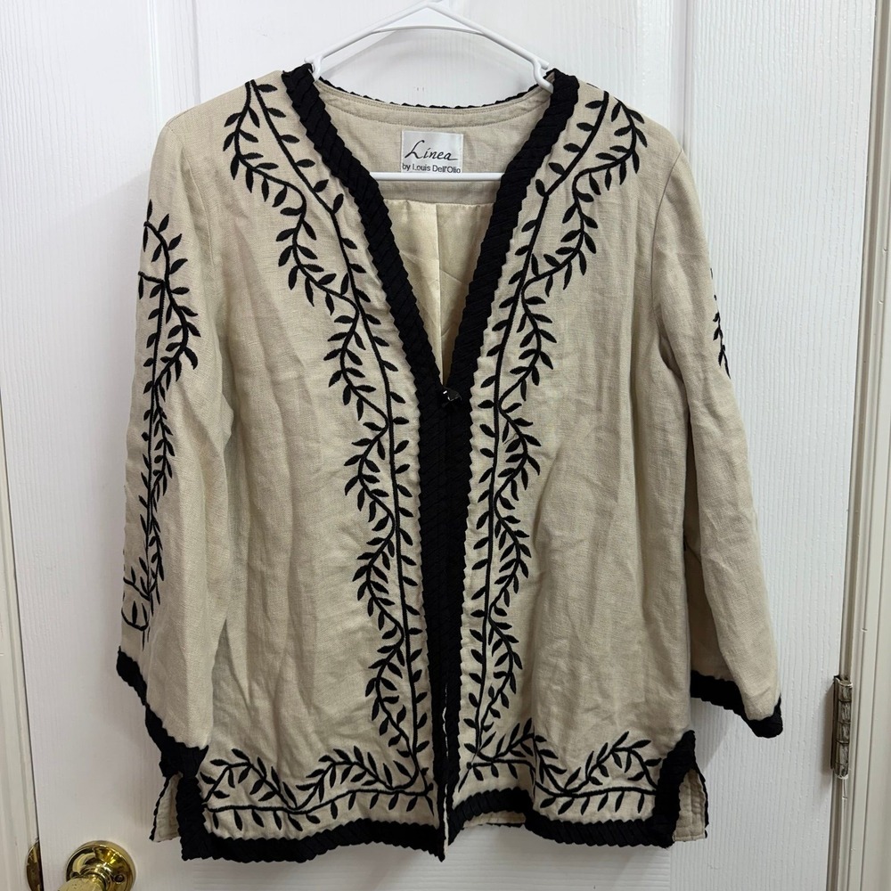Vintage Linea by Louis Dell'Olio Beige Embroidered Linen Blend Blouse jacket